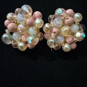 Vintage Beaded Cluster Clip-On Earrings in Pink and Cream